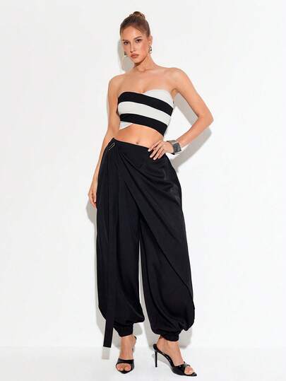 Femmeiva Women's Fashionable Sexy Contrast Color Ribbed Tight Bandeau Top, Summer