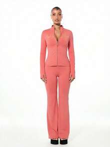 BABYPHAT ملابس علوية ذات رقبة عالية وأكمام طويلة مع سحاب وطباعة بخط ذهبي لامع، قطعة أزياء بيان - برتقالي مرجاني اللون - مشاهدة 3