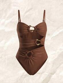 Swim Chiccia 女式金属光泽优雅纯色连体泳衣 - 棕色 - 查看 7
