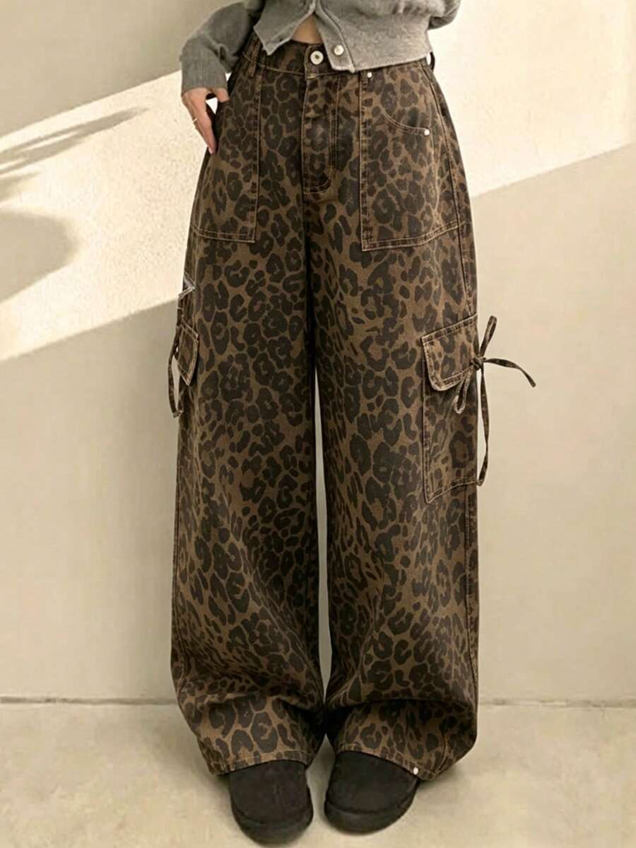 FRIFUL 女士豹纹工装阔腿牛仔裤 - 棕色 - 查看 1