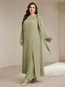 Veilorie Plus Size Solid Color Round Neck Long Sleeve Decorative Ring Casual Elegant Loose 2 Pieces Set Formal Wedding Bride Sage Green Autumn Fall - Green - View 5