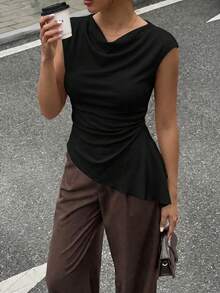 Siren Gaze Women's Solid Color Boat Neck Ruched Asymmetric Hem Blouse,Summer Top - Black - View 2