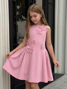 SHEIN Serisse Kids 少女優雅淡粉色夏季3D花朵裝飾無袖圓領A字裙，適合婚禮、茶會、雞尾酒會的開花洋裝 - 粉色 - 查看 1