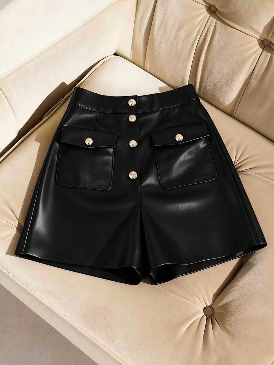 SHEIN Franclia Women's Solid Color Button Design Pocket Fashion PU Shorts - Black - View 1