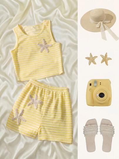 2 Parça/Set Çizgili Fiyonklu Kolsuz Crop Top + Fırfırlı Etek Ucu Şort Takımı, Genç Kızlar İçin, Tatlı ve Çekici Stil, Polar Olmayan Tasarım, Partiler ve Yaz Gezileri İçin Uygundur