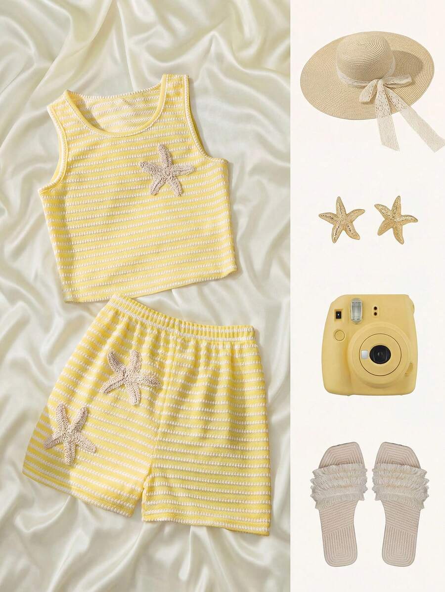 Set 2 buc. Top scurt fără mâneci cu papion în dungi + pantaloni scurți cu tiv cu volane pentru fete adolescente, stil dulce și picant, design non-fleece, potrivit pentru petreceri și ieșiri de vară - Galben - Vizualizare 1