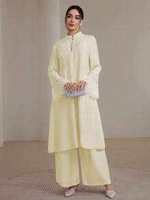 Graceveil 2pcs/Set Women Elegant Stand Collar Ruffle Cuff Long Sleeve Set Modest - Light Yellow - View 3