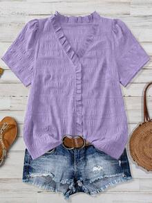 Linhara Blus Kasual Lengan Pendek Leher V Bertekstur Warna Polos untuk Wanita Ukuran Plus, Cocok untuk Jalan-jalan, Liburan, dan Klub. - Purple - View 1