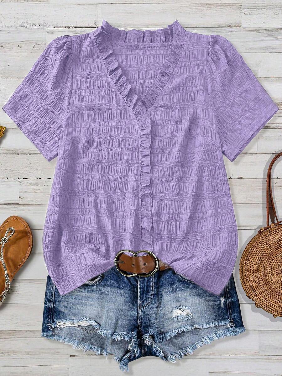 Linhara Blus Kasual Lengan Pendek Leher V Bertekstur Warna Polos untuk Wanita Ukuran Plus, Cocok untuk Jalan-jalan, Liburan, dan Klub. - Purple - View 1