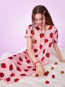 Notgurli Váy ngủ cổ tròn tay ngắn họa tiết dâu tây viền rau diếp, Moo Moo - Nhiều màu - Xem 7