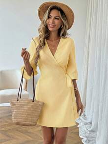 SHEIN LUNE Đầm ngắn tay buộc dây phía trước, kiểu dáng thường ngày, kẻ sọc, thích hợp cho nữ, phù hợp cho kỳ nghỉ hè và đi làm. - Màu vàng - Xem 5