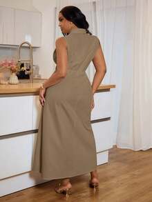 Slaydiva Bộ sưu tập Xuân/Hè mới về, thích hợp cho lễ hội âm nhạc, Lễ Phục Sinh, Ngày Thánh Patrick, phong cách miền Tây, phong cách du mục, tiệc sinh nhật, lễ tốt nghiệp, sinh viên, mặc hàng ngày, cơ bản, đa năng, thư giãn, kỳ nghỉ, du lịch biển, tắm nắng, đầm maxi dáng chữ A không tay màu trắng cỡ lớn có túi, đầm mùa hè. - Màu Khaki - Xem 2