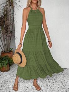 Breezaya Women's Solid Color Minimalist Everyday Criss-Cross Textured Dress Maxi Vacation Beach Outfit - Army Green - View 5