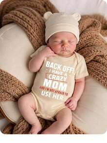 SHEIN Back Off, I Have A Crazy Mom And I Am Not Afraid To Use Her, Baby Boy Casual Cartoon Pattern Short Sleeve Bodysuit, Suitable For Spring/Summer - Apricot - View 5