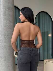 leahseptember Women's Deep V-Neck Lace Slit Design Sexy Fashion Halter Bodysuit - Coffee Brown - View 2