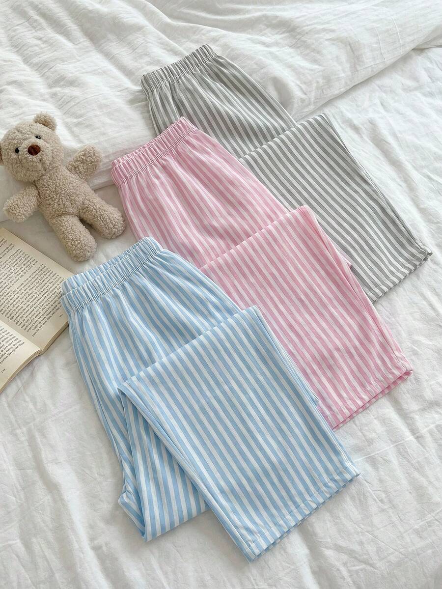 Women Cotton 3 Pcs Multicolour Striped Long Homewear Comfort Casual Sleep Bottoms Set - Multicolor - View 1