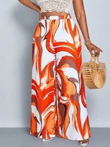 SOLERSUN Plus Size Women's Fashionable Liquid Ripple Art Pattern Wide Leg Pants,White Summer Boho Beach Holiday,Casual Loose High Elasticity Seaside Vacation - Orange - View 2