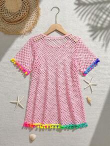 SHEIN Tween Girls' Mesh Short Sleeve Coverup - Pink - View 2