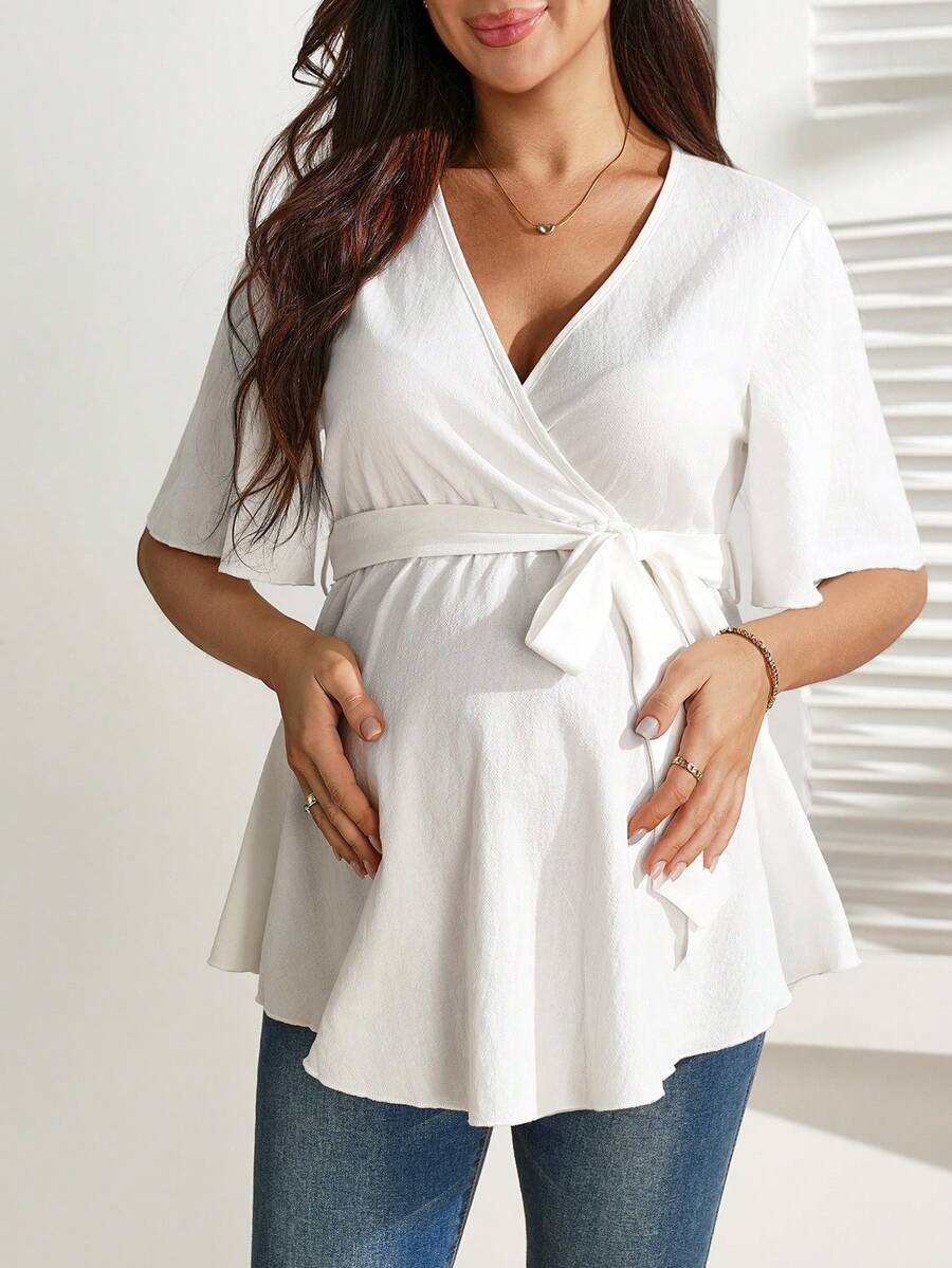SHEIN 女士舒适V领荷叶边孕妇哺乳上衣（含腰带） - 白色 - 查看 1