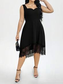 SHEIN Elenzya Vestido casual holgado sin mangas con dobladillo de encaje en contraste para mujer de talla grande, adecuado para fiesta, trabajo y ocio - Negro - Ver 3