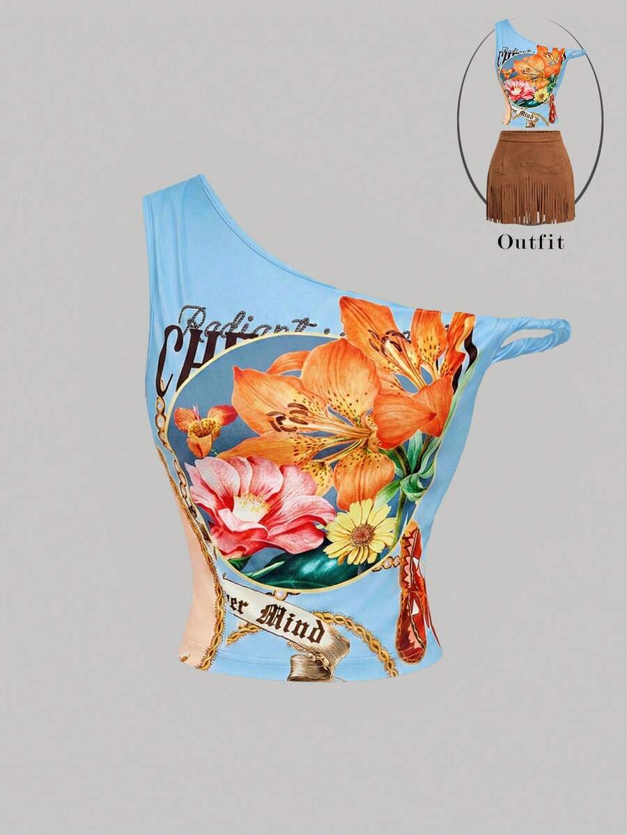 SHEIN MOD Áo crop top nữ mùa hè thời trang phong cách boho họa tiết hoa và chữ, cổ lệch, ôm sát. - Màu xanh lam - Xem 1