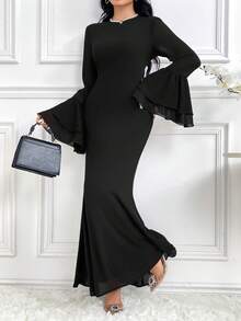 Modelyn Women Solid Color Crew Neck Long Sleeve Casual Long Dress Long Evening Dresses - Black - View 4