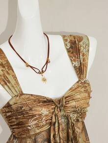 SHEIN ICON 复古印花不对称下摆网眼饰边女式背心 - 黃色 - 查看 7