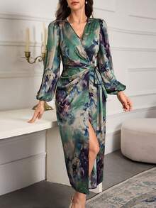 Modelyn Vestido elegante de manga farol con cuello en V y estampado de teñido anudado para mujer, vestidos de noche largos - Multicolor - Ver 7