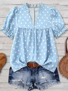 Linhara Plus Size Women's Vintage Polka Dot Puff Sleeve V-Neck Ruffle Trim Loose Light Blue Summer Cute Everyday Casual Blouse,Suitable For Work,Beach,Spring - Multicolor - View 4