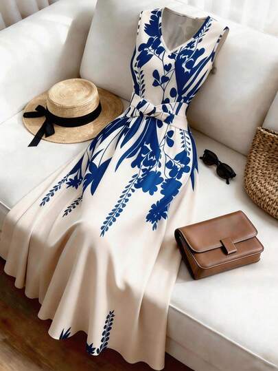 Franclia Women's Fashion Casual Sleeveless Simple Positioning Print Dress, Waist-Cinched Flared Dress, Suitable For Summer Casual Vacation, Spring/Summer Commute, Home, Dating, Daily, Summer, Party, Beach, Graduation Season, Business Office Versatile Fashion Daily Wear, V-Neck Waist Twist Dress, Waist-Cinched Flared Dress Vintage Dresses For Woman Summer Dresses For Women Outfit French Style Dress High Quality Dress