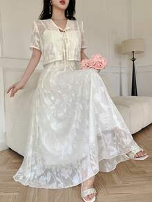Modelyn 女士提花吊带连衣裙和短袖系带开衫休闲两件套 - 白色 - 查看 3