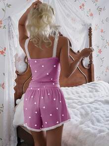 CottageSlumber Heart Shaped Ribbed Lace Silk Camisole & Shorts Sleepwear Set - Purple - View 3