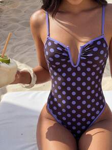 Swim Mod Áo croptop nữ cổ chữ U hở lưng, có dây đeo, màu nâu và xanh chấm bi, viền màu tương phản, kiểu dáng thanh lịch, gợi cảm, thích hợp mặc đi biển/dự tiệc/lễ hội âm nhạc/club đêm, hàng mới về mùa Xuân/Hè 2026. - Màu xanh lam - Xem 7