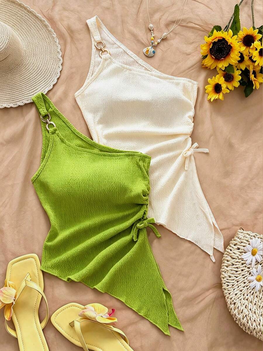 SHEIN 这款两件套包含时尚休闲的上衣，专为少女设计。针织提花面料弹性十足，舒适透气。米色和绿色的配色清新怡人。独特的非对称肩部设计，左侧腰部收褶，打造修身效果，斜向波浪下摆，营造休闲时尚感。适合日常穿着、户外活动、郊游、旅行、派对等各种场合，是高品质的夏季单品。 - 彩色 - 查看 1