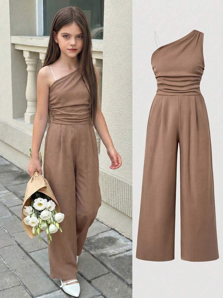 Bộ áo liền quần không tay dáng rộng thanh lịch dành cho bé gái, chất liệu vải dệt thường ngày, thích hợp mặc hàng ngày vào mùa xuân/hè. - Cà phê nâu - Xem 1
