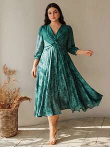 Anewsta Elegant Jacquard Woven Party Dress For Women Fall - Dark Green - View 6