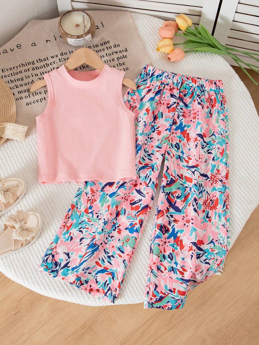 SHEIN Bộ đồ 2 món cho bé gái mùa hè, gồm áo tay ngắn và quần ống rộng cạp chun, thích hợp cho kỳ nghỉ và du lịch. - Hồng - Xem 1