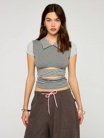 COUREZ Front Cut Out Jersey Polo In Stripe /Y2K Summer Outfits For Women Grey Tops Going Out Outfits Short Sleeve Tops Casual Outfits Striped Tops Cute Tops Party Outfits Festival Tops Summer Clothes Festival Outfits Spring Outfits For Women
