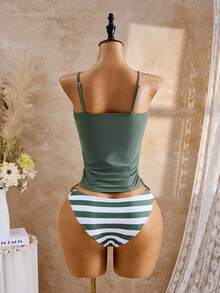 WanderVale Summer Beach Women Vacation Solid Color Side Drawstring Cami Top And Stripe Triangle Bottom Casual Tankini Set, Random Print, Vacation Swimwear - Multicolor - View 6