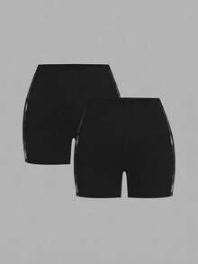 SHEIN EZwear 2pcs/Set Plus Size Solid Color Contrast Lace Leggings - Black - View 7