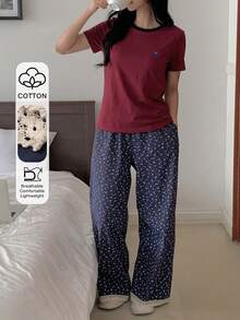DAZY Set Piyama 2pcs/Set Motif Bunga Kecil Kontras Warna, Kaos Lengan Pendek dan Celana Panjang untuk Wanita, Musim Panas - Burgundy - View 1