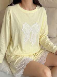 DAZY Conjunto de pijama de 2 piezas con camiseta de manga larga holgada y pantalones cortos con parches de encaje y decoración de moño, para verano - Amarillo - Ver 6