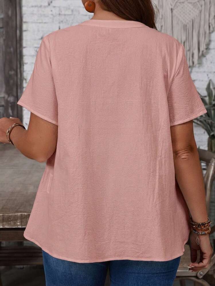 Plus Size Women Casual Commuting Mesh Embroidered Short Sleeve Blouse