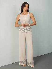 SHEIN Tall 女士印花单排扣背心和长裤休闲两件套，夏季款，仿刺绣印花设计，撞色印花无袖上衣+高腰阔腿裤两件套，米色两件套，夏季裤装套装，亚麻两件套，波西米亚风两件套，显瘦休闲套装，夏季度假装，女士假日装，女士夏季装，春夏过渡装 - 杏色 - 查看 6