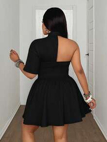 Maweii Plus Size Women Solid Color Asymmetric Design Commuter Dress - Black - View 3