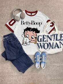 Attitoon Betty Boop x SHEIN Betty联名款休闲简约圆领短袖条纹世界杯图案英文字母宽松T恤，女款，时尚，Y2K风格 - 彩色 - 查看 3