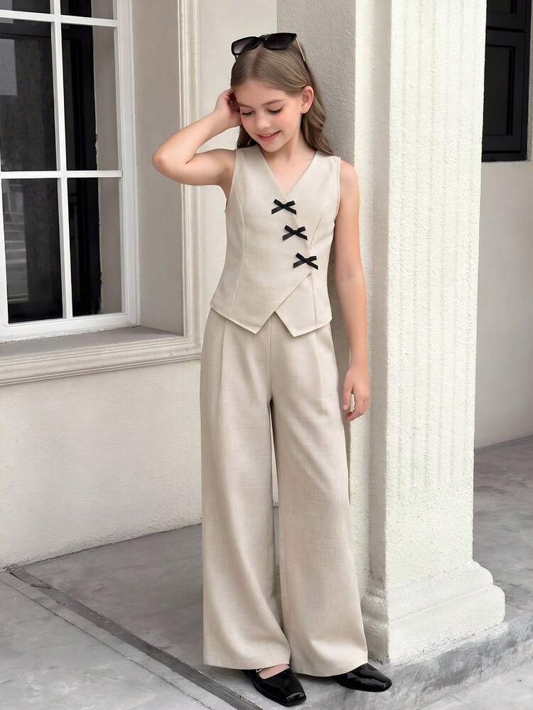 Serisse Kids Bộ đồ thể thao thường ngày thanh lịch cho bé gái tuổi teen, gồm áo vest không tay cổ chéo, khuy cài chéo và quần ống đứng, màu trơn, thích hợp cho đi học hoặc mặc hàng ngày. - Màu Khaki - Xem 3