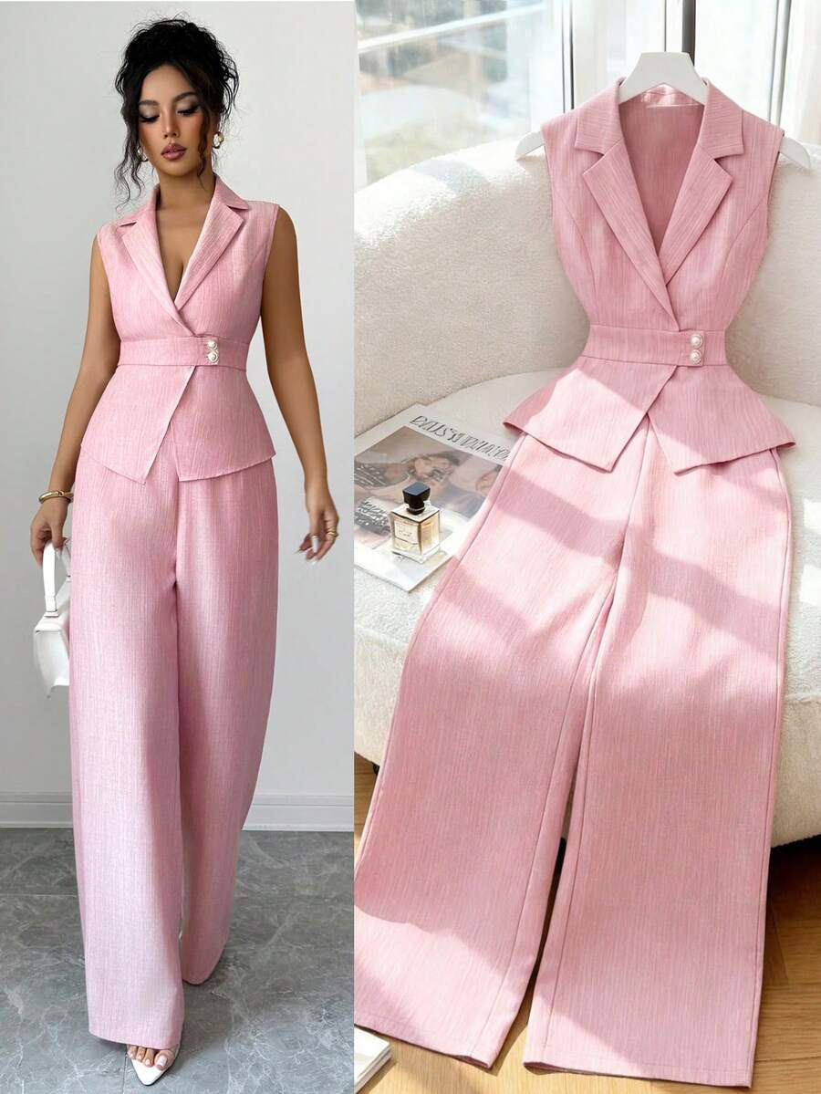 Selianne Women's Light Pink Summer Elegant Office V-Neck Sleeveless Crop Top And Straight Leg Pants Set,Sophisticated Design For Work,Travel,Vacation,Casual - Pink - View 1