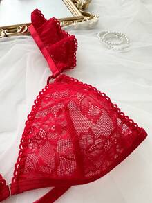 SHEIN 2件套蕾丝性感无钢圈女士内衣套装 - 紅色 - 查看 5