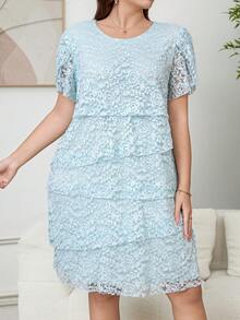 Reflora Đầm ngắn tay peplum cổ tròn ren hoa thanh lịch dành cho nữ cỡ lớn - Màu xanh lam - Xem 8